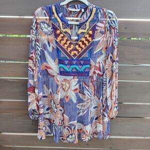 Soft Surroundings Floral Embroidered Tunic - Blue and Orange Boho‎ Eclectic Sz M